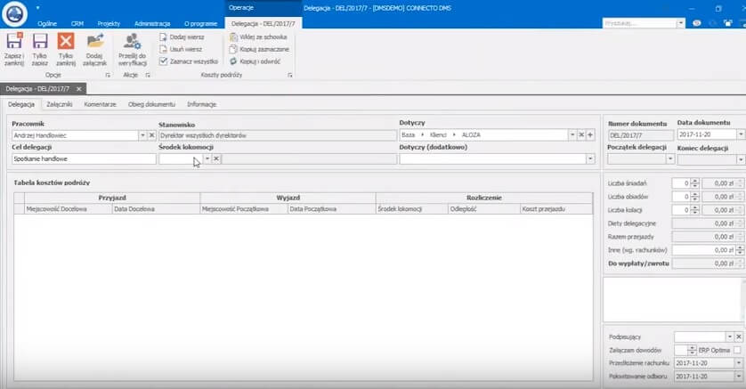 cel podróży - wypisywanie delegacji Connecto DMS