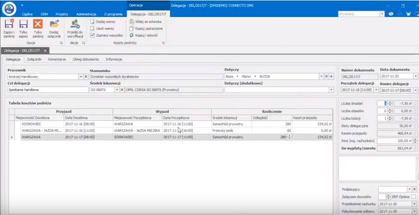 Wypisywanie delegacji w systemie Connecto DMS 