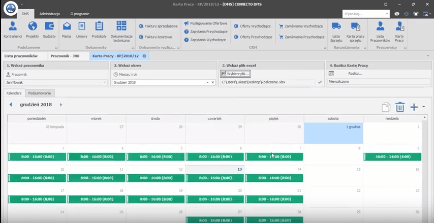 Connecto DMS - rozliczanie karty pracy