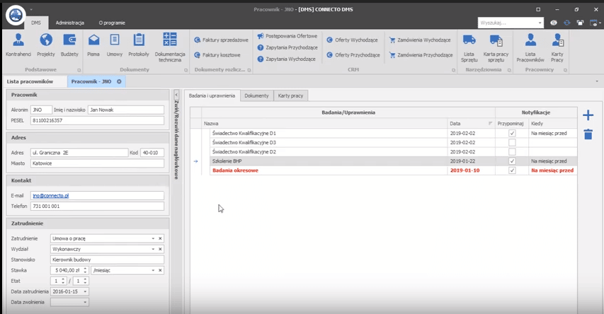 Connecto DMS - karta pracownika